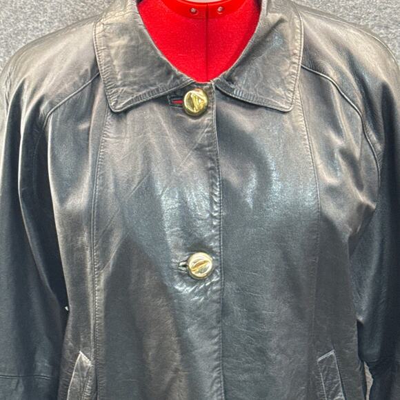 Hillary Paige Vintage 80s 90s 2 Gold Button Black Leather Trench Coat Women PL - Picture 6 of 7